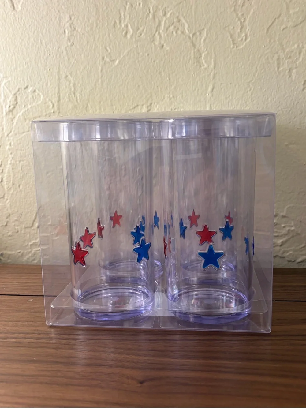 Celebrate It Plastic Patriotic Red White Blue Star Highball Glasses Set of 4